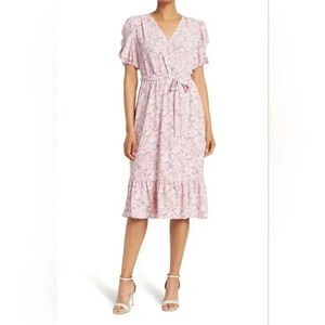 NWT COLLECTIVE CONCEPTS S Puff‎ Sleeve Floral Midi Sun Dress Pink Multi Chiffon